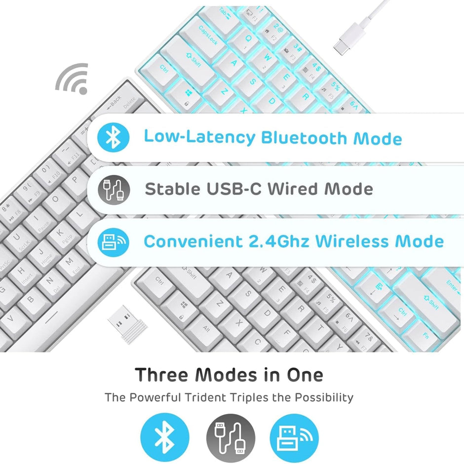 RK ROYAL KLUDGE RK61 RGB Triple Mode BT5.0/2.4G/USB-C 60% Hot-swappable Switches Mechanical Gaming Keyboard - White