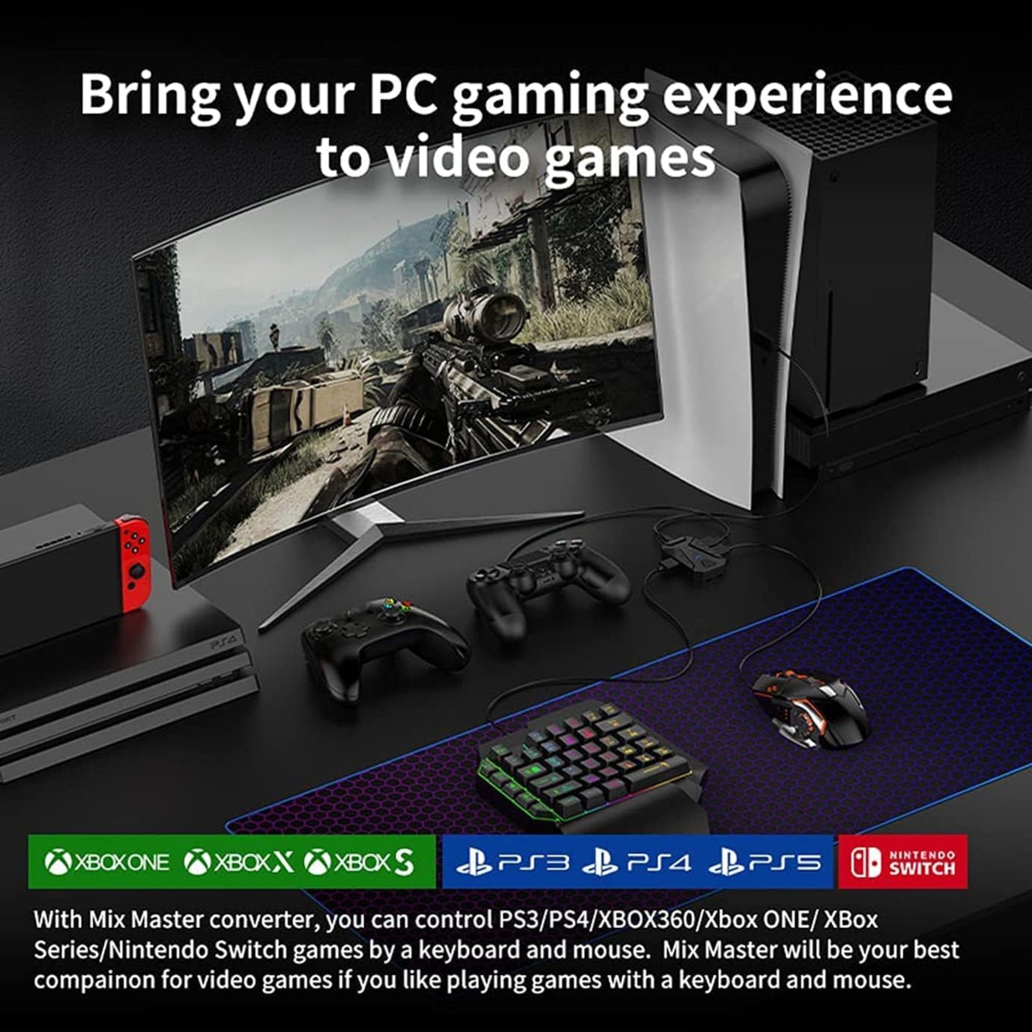 MIX master Convertor Set RGB Gaming Keyboard & Mouse Combo Pack for PS3 / PS4 / PS5 / Xbox One / Xbox Series S|X / Nintendo Switch