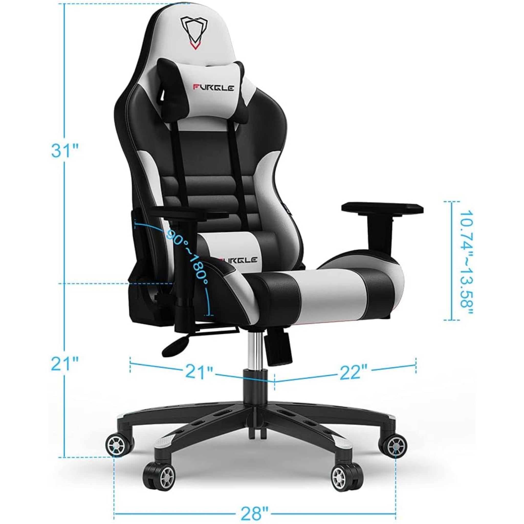 Furgle Gaming Chair, Racing Style High-Back Office Chair with Adjustable Armrests, PU Leather Ergonomic Video Game Chair with Headrest and Lumbar Support, Rocking Mode - Black/White