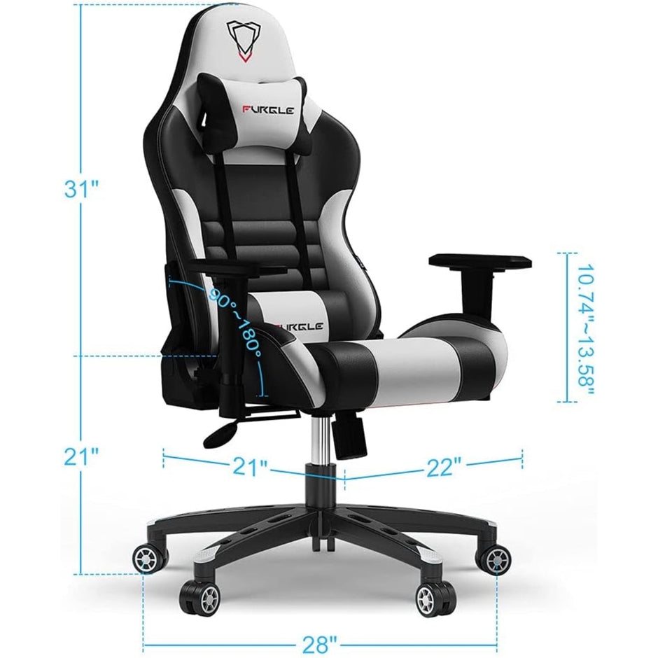 Furgle Gaming Chair, Racing Style High-Back Office Chair with Adjustable Armrests, PU Leather Ergonomic Video Game Chair with Headrest and Lumbar Support, Rocking Mode - Black/White