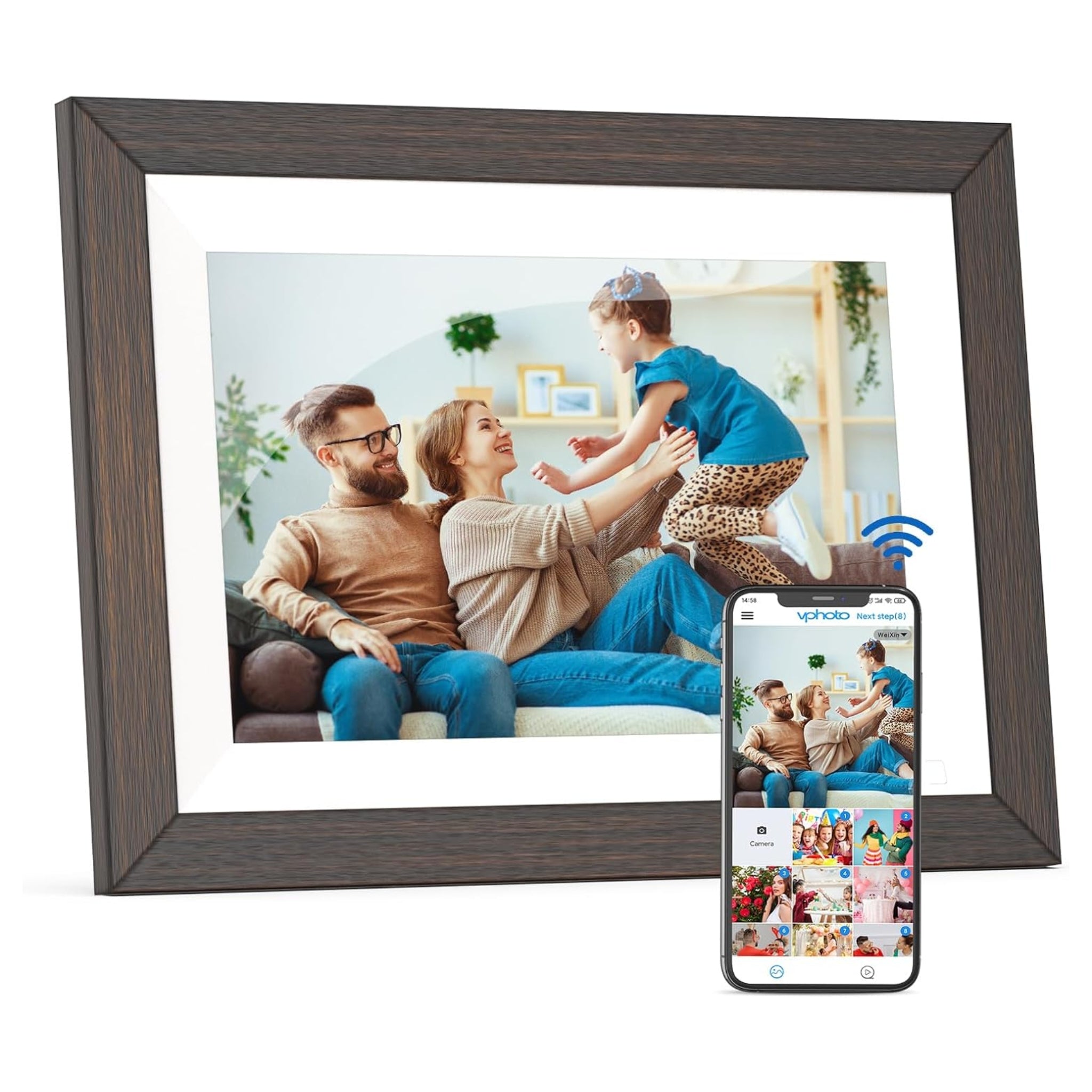 Wooden Digital Photo Frame Wireless Electronic Photo Album - 10.1-inch 32GB, Auto-Rotate, Motion Sensor, IPS Touch Screen