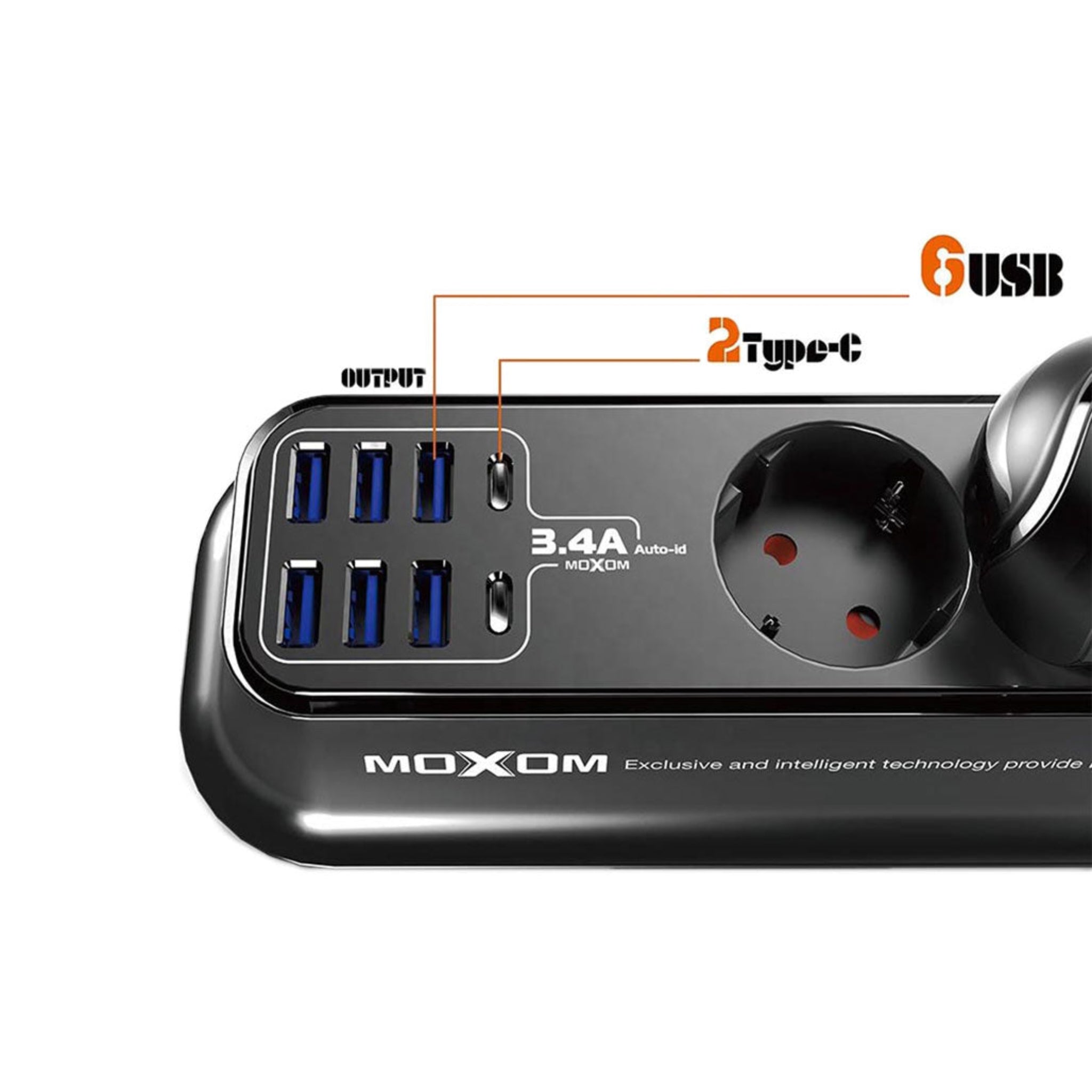 Moxom MX-ST05 Safety power strip with 4 Sockets & 8 USB Ports(6x USB, 2x USB Type-C)