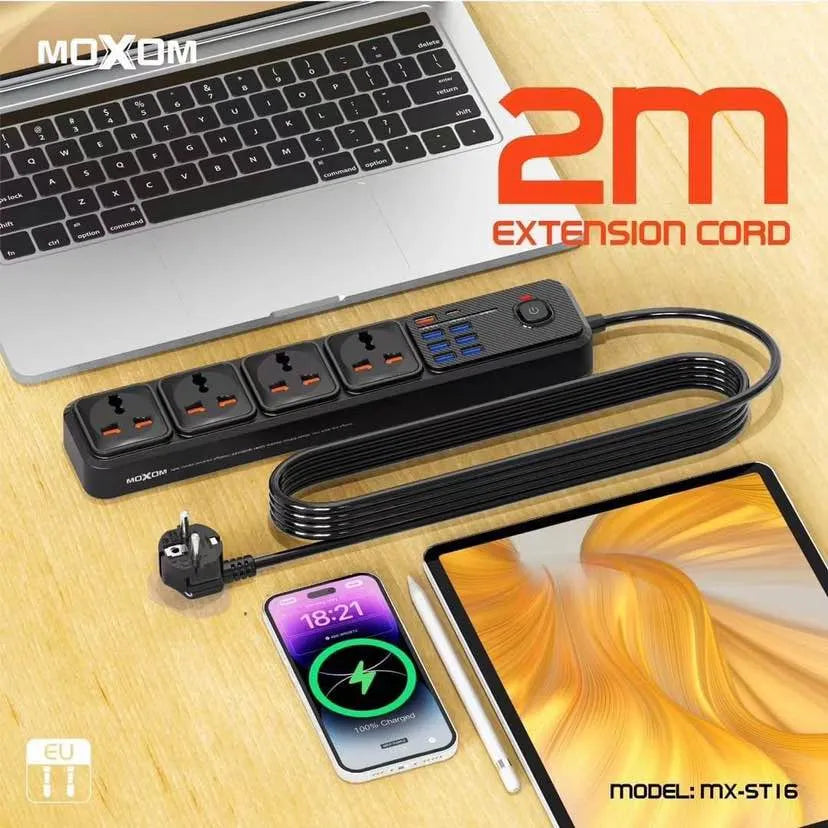 MOXOM 12 IN 1 PD Power Strip With 4 Socket, 7 USB, 1 Type-C PD And One Key Master Control For Multi Devices 20W 2 Meter - Black