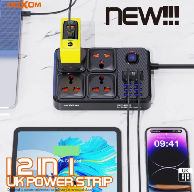 MOXOM 2 Meter Power Strip | 7 USB + 1 PD 20W, 2500W Max Outlets, 12-in-1 Multi-Function Power Hub
