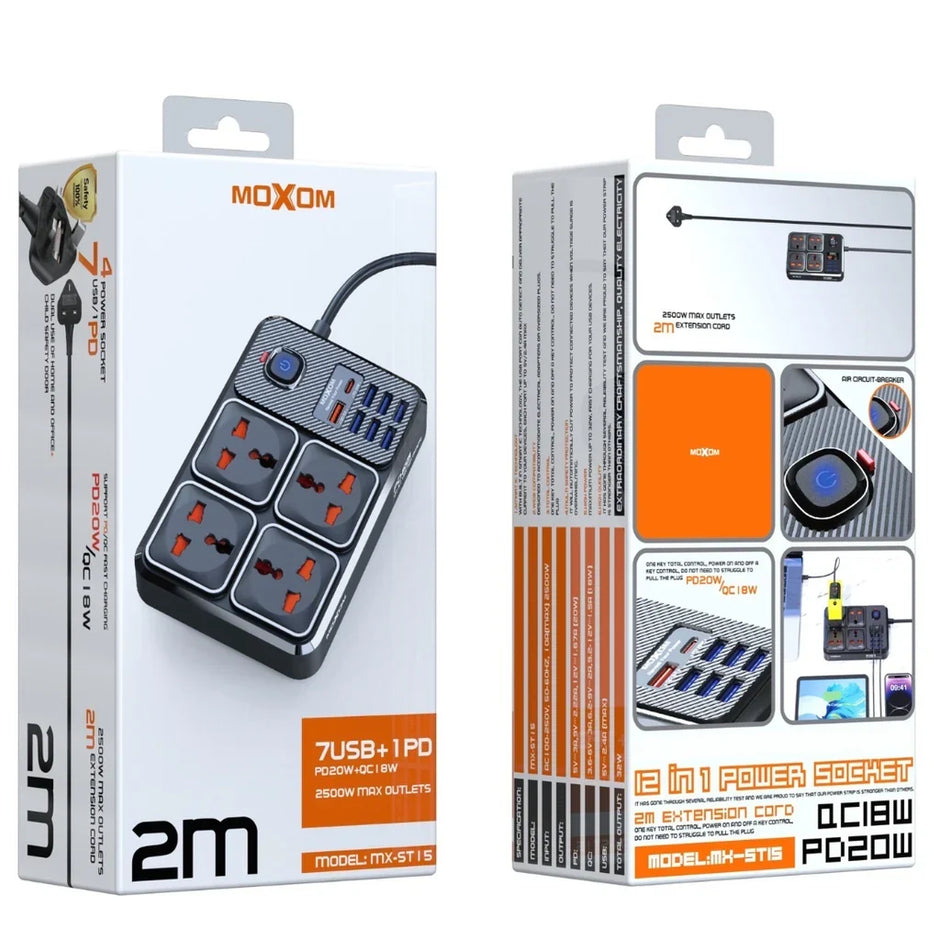 MOXOM 2 Meter Power Strip | 7 USB + 1 PD 20W, 2500W Max Outlets, 12-in-1 Multi-Function Power Hub