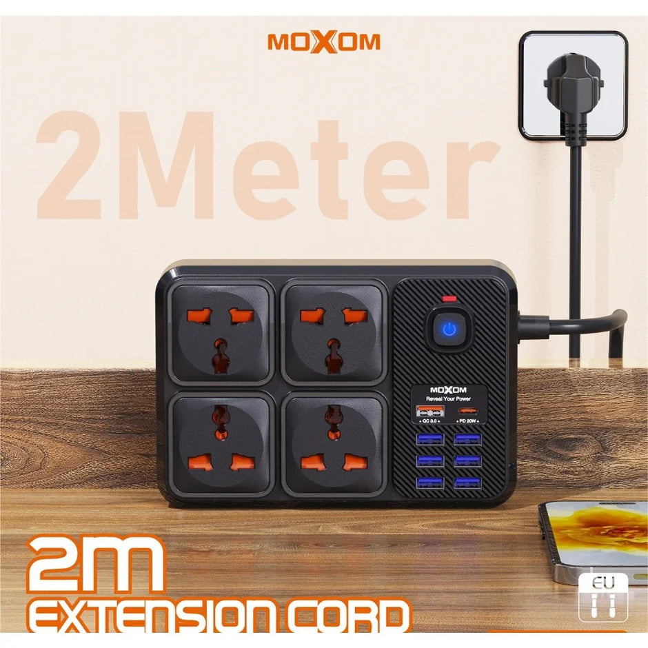 MOXOM 2 Meter Power Strip | 7 USB + 1 PD 20W, 2500W Max Outlets, 12-in-1 Multi-Function Power Hub