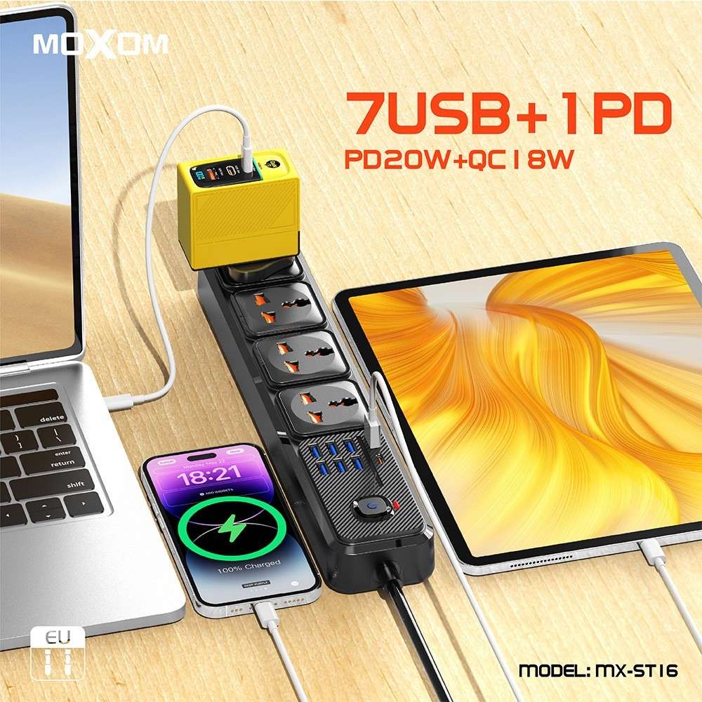 MOXOM 12 IN 1 PD Power Strip With 4 Socket, 7 USB, 1 Type-C PD And One Key Master Control For Multi Devices 20W 2 Meter - Black