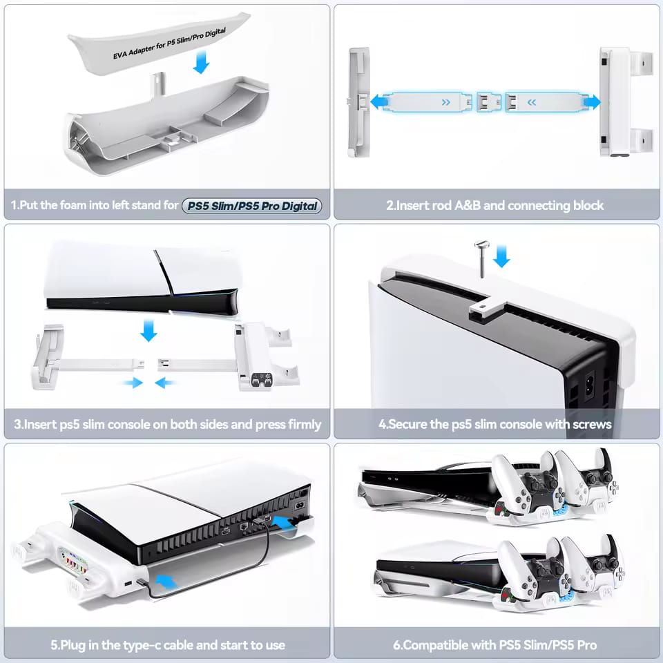 Horizontal Cooling Stand and Charging Station for PS5 Pro, & PS5 Slim Disc/Digital Edition