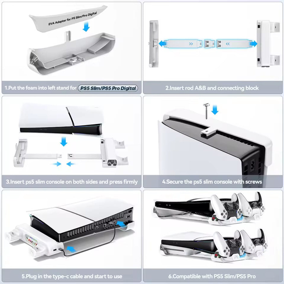 Horizontal Cooling Stand and Charging Station for PS5 Pro, & PS5 Slim Disc/Digital Edition