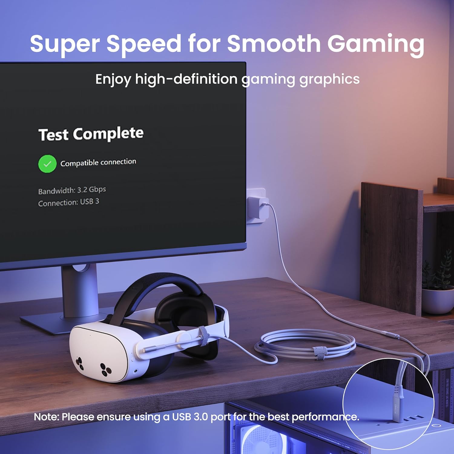KIWI design Link Cable with Charging 16FT Compatible with Meta Quest 3S/3/2/Pro/Pico 4 Accessories and PC/SteamVR, USB 3.0 to USB C Link Cable with 5Gbps Super Speed for Extended Gameplay