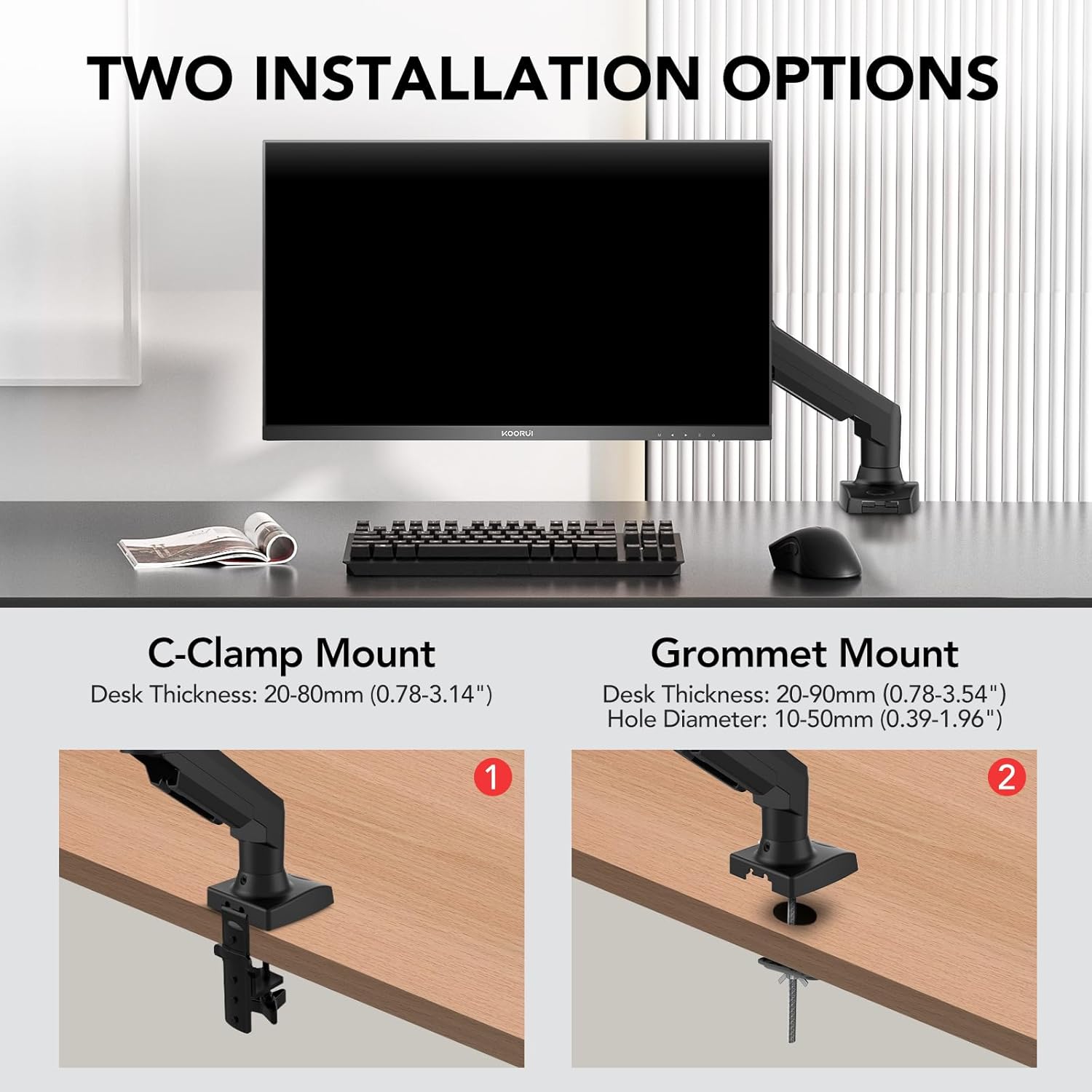 KOORUI KR20Y Monitor Mount for Flat & Curved Monitors, VESA 75 & 100 mm Desk Mount, Adjustable Height  with Tilts, Swivels, Rotates, Increased Load Capacity of 2-9 kg