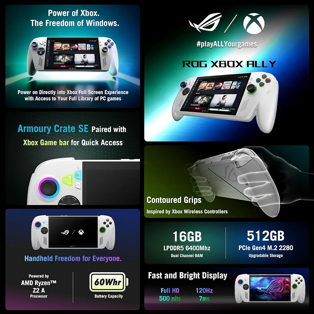 ASUS ROG Xbox Ally 7” 1080p 120Hz Gaming Handheld Touchscreen AMD Ryzen™ Z2 A 16GB RAM 512GB SSD White