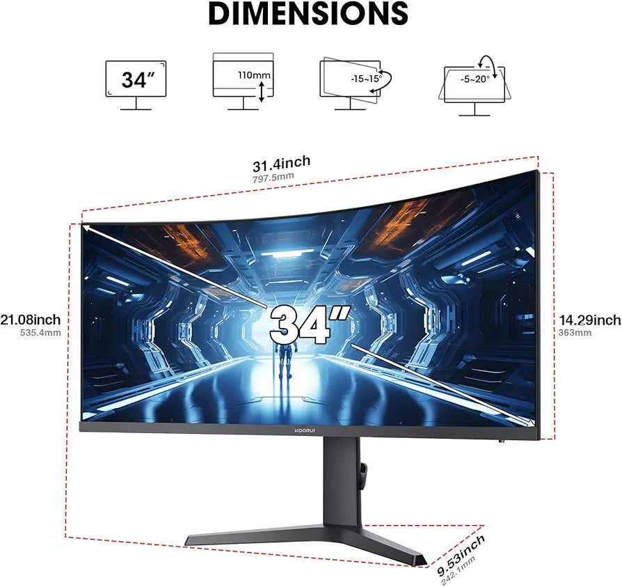 KOORUI 34E6UC 34 -inch Curved Ultrawide WQHD 3440×1440 180Hz 1000R- PIP/PBP, 1ms(MPRT), HDR400 Gaming Monitor