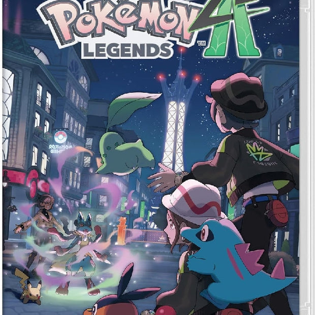 Pokémon Legends A  game cover for Nintendo Switch with characters and cityscape.