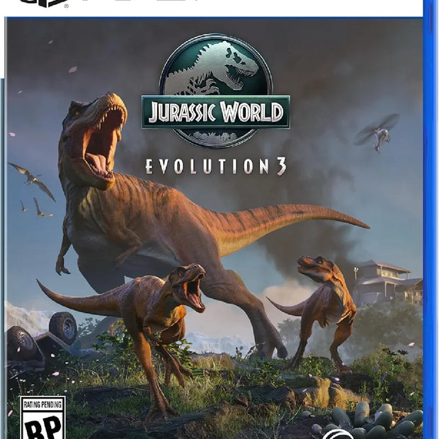 Game box for 'Jurassic World Evolution 3' on PS5 with dinosaurs and a blue border.