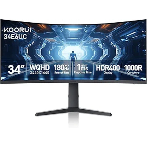 KOORUI 34E6UC 34 -inch Curved Ultrawide WQHD 3440×1440 180Hz 1000R- PIP/PBP, 1ms(MPRT), HDR400 Gaming Monitor