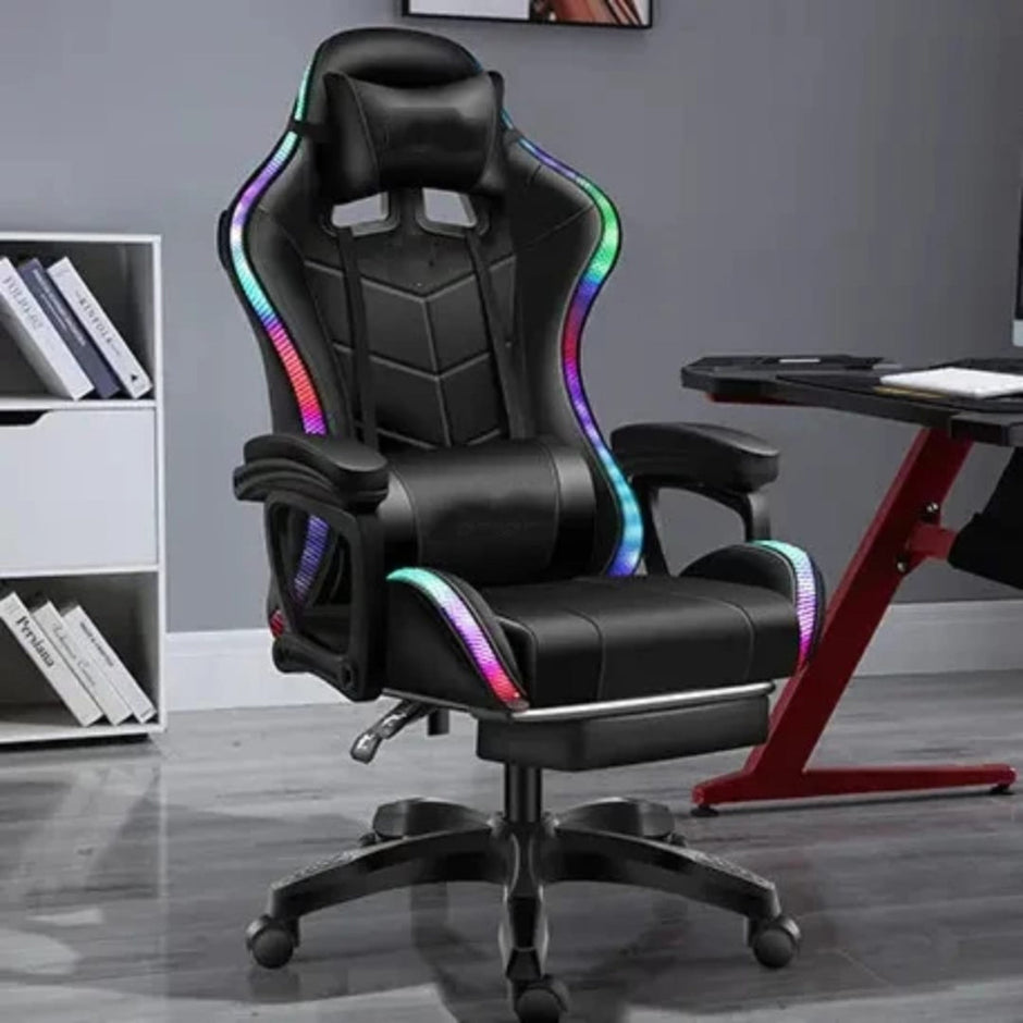 East Seat Gaming Chair with RGB Lights, Footrest & Built-in Speakers - Black