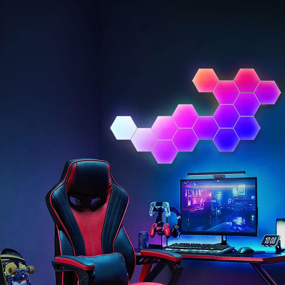 Hexagon Lights with Remote, RGB LED Wall Lights, Smart DIY App Control/ Music Sync for Game Room Decor - 6 pcs