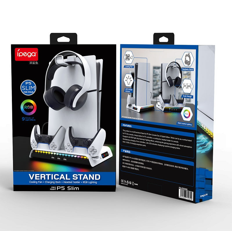 iPega  RGB Vertical Stand with Cooling Fan and Controller Charger For PS5 Slim & PS5 Pro - PG-P5S006