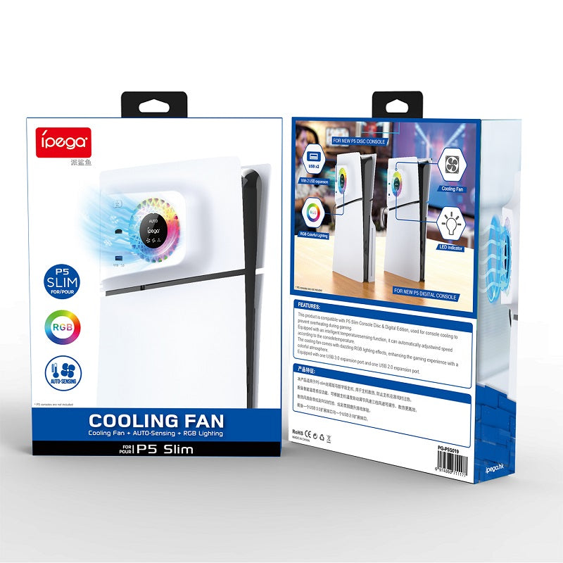 PG-P5S019 RGB Cooling Fan with 2 USB Ports for PS5 Slim - Auto-Sensing Cooler