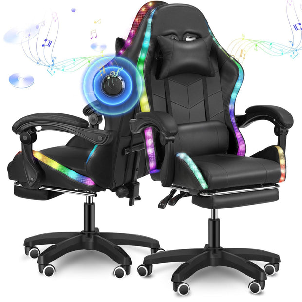 East Seat Gaming Chair with RGB Lights, Footrest & Built-in Speakers - Black