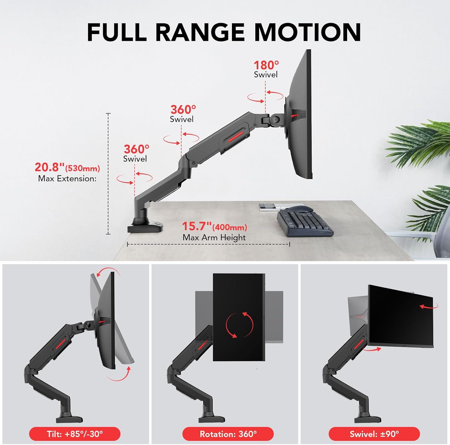 KOORUI KR20Y Monitor Mount for Flat & Curved Monitors, VESA 75 & 100 mm Desk Mount, Adjustable Height  with Tilts, Swivels, Rotates, Increased Load Capacity of 2-9 kg