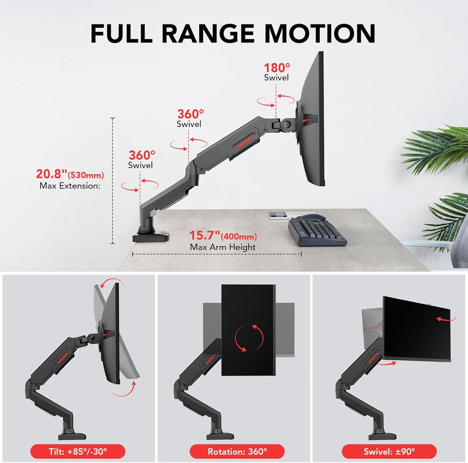 KOORUI KR20Y Monitor Mount for Flat & Curved Monitors, VESA 75 & 100 mm Desk Mount, Adjustable Height  with Tilts, Swivels, Rotates, Increased Load Capacity of 2-9 kg