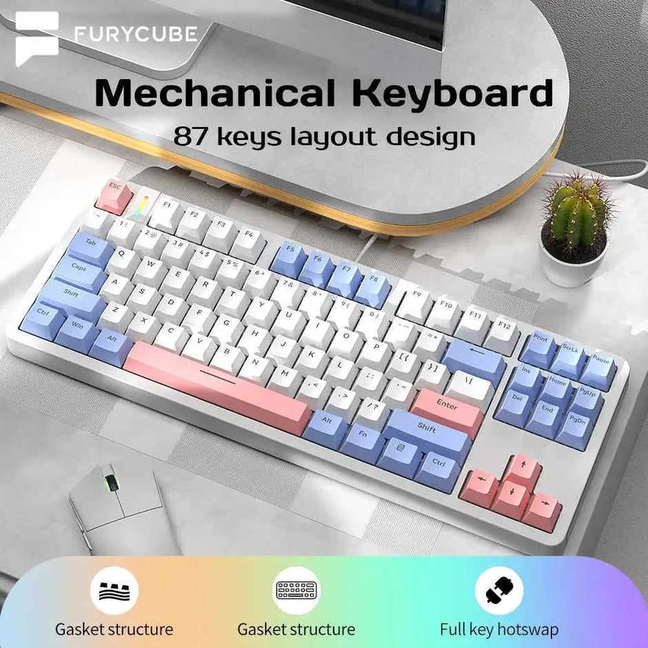 RYCUBE G87 87-Key Hot-Swap Mechanical Gaming Keyboard - Wired Gaming with Rainbow RGB Lighting - PBT Keycaps - Lite Gasket Design - Silver Switch