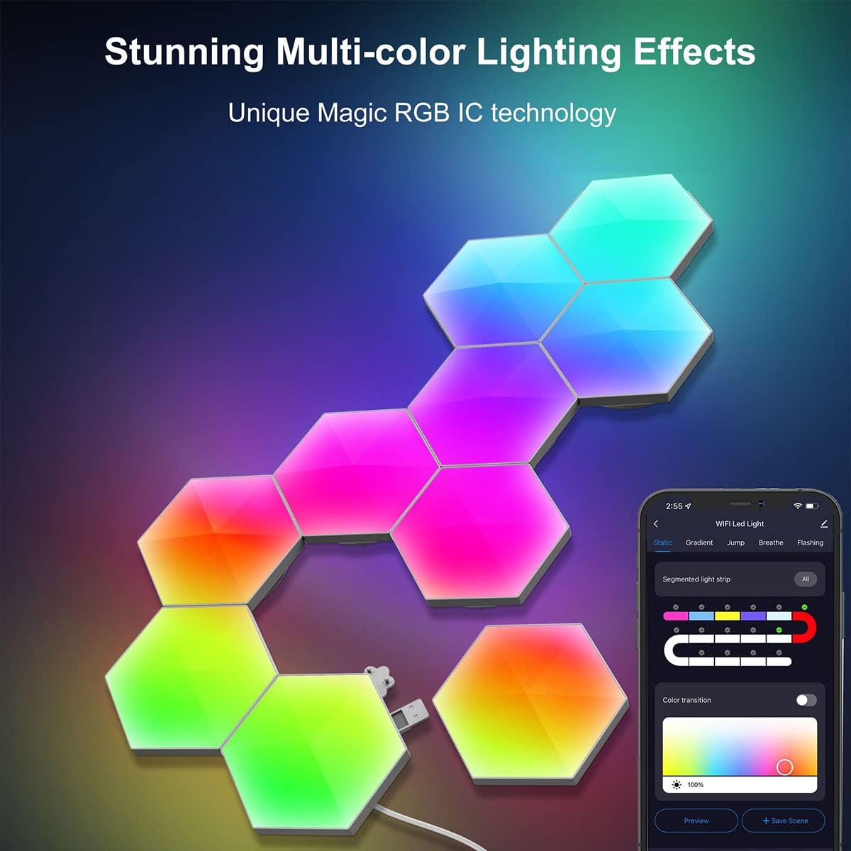 Hexagon Lights with Remote, RGB LED Wall Lights, Smart DIY App Control/ Music Sync for Game Room Decor - 6 pcs