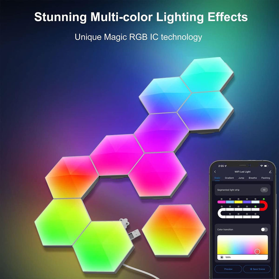 Hexagon Lights with Remote, RGB LED Wall Lights, Smart DIY App Control/ Music Sync for Game Room Decor - 6 pcs
