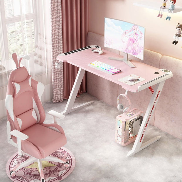 Z8 RGB Gaming Desk with Led Lights, Headset Holder & Cup Holder - Pink & White