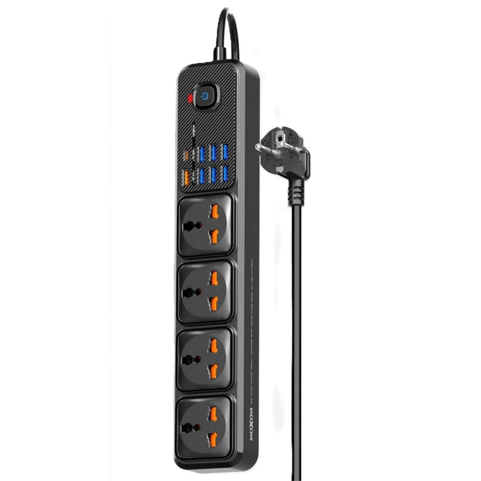 MOXOM 12 IN 1 PD Power Strip With 4 Socket, 7 USB, 1 Type-C PD And One Key Master Control For Multi Devices 20W 2 Meter - Black